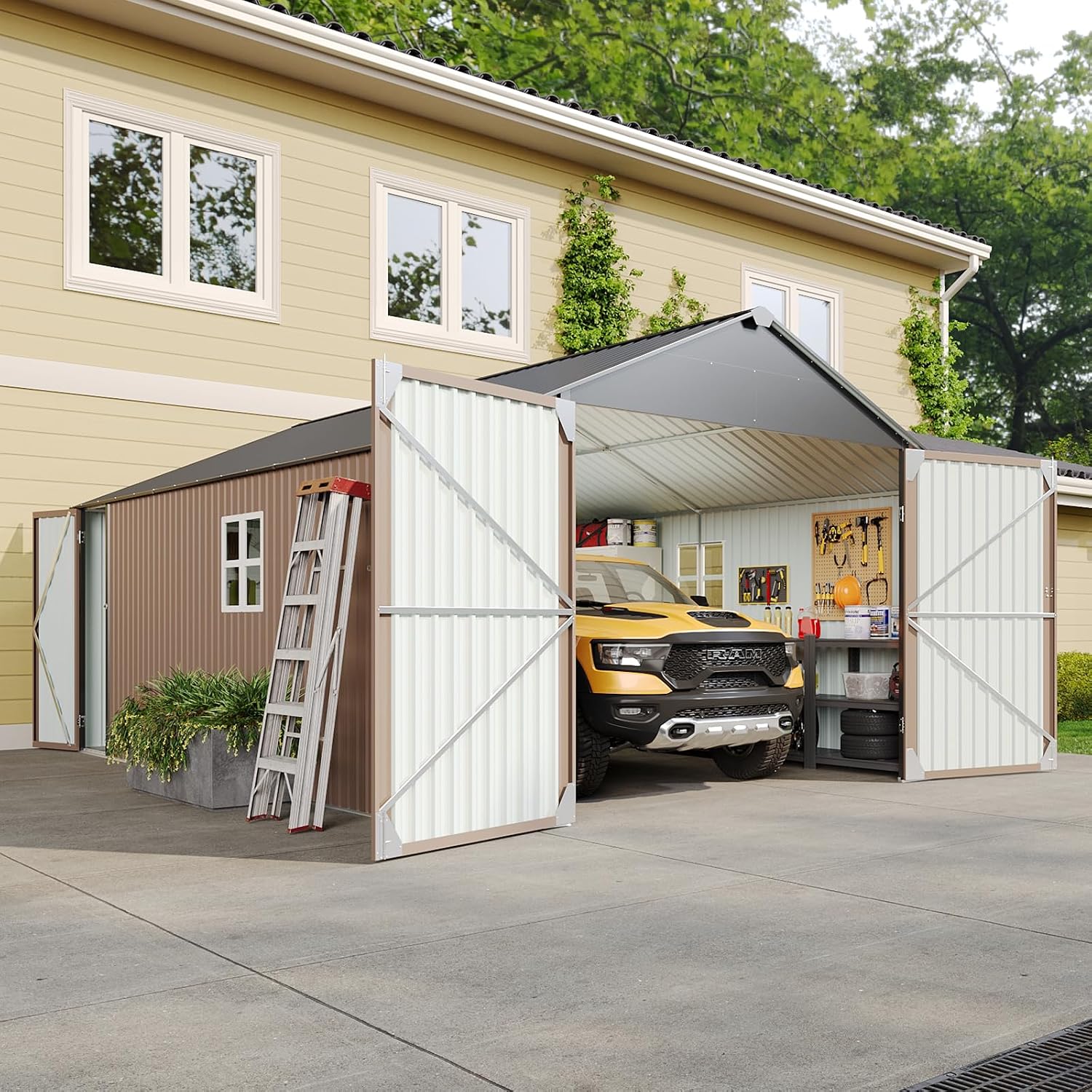 Aoxun 12x20x9.3 FT Metal Storage Shed Outdoor Large Garage Shed Carport with Double Doors,Side Door & Windows, Heavy Duty Garden Tool Shed All-Weather Outdoor Building for Vehicles & Sundries(Brown)