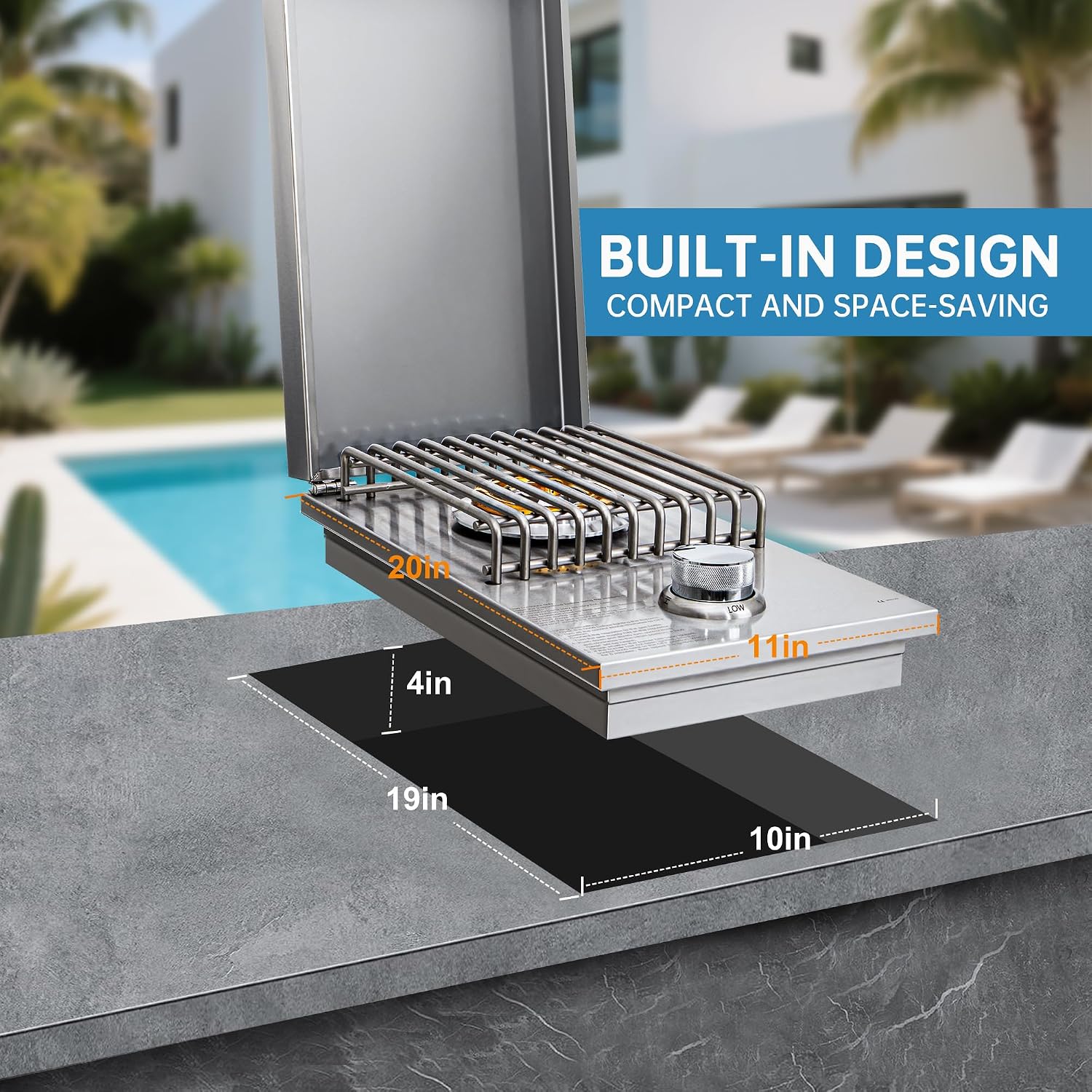 Built-in Single Side Grill Burner with Cover, Silver 304 Stainless Steel Side Burner for Outdoor Kitchen, Propane & Natural Gas, Outdoor BBQ for Family Patio Parties
