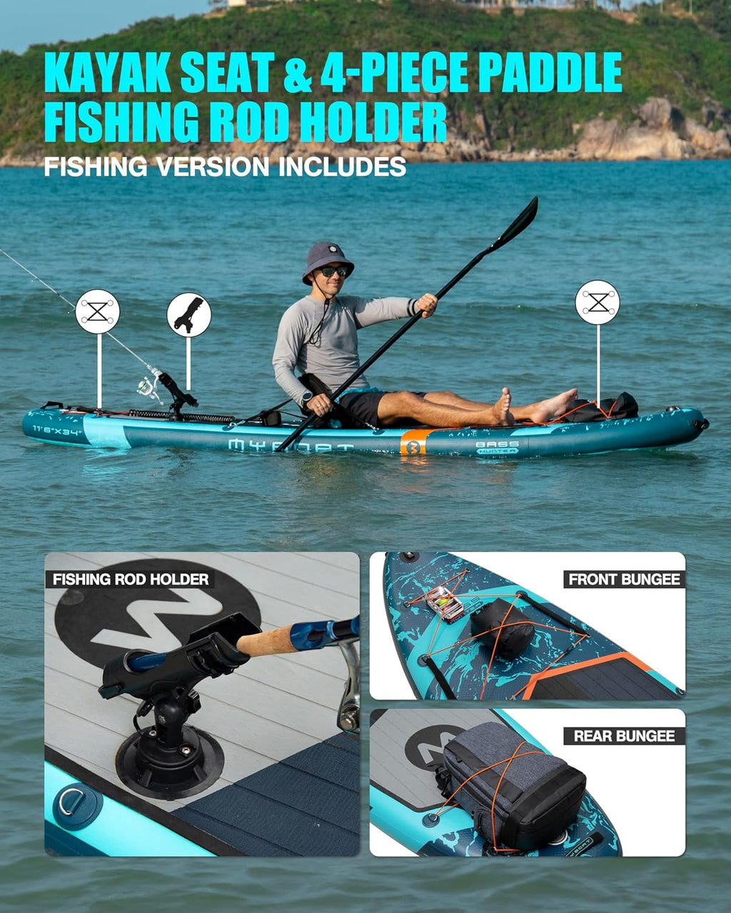 MYBOAT 11'6'×34'×6' Extra Wide Inflatable Paddle Board, Stand Up Paddle Board for Fishing, Sup Board with 3 Removable Fins, Dual Bungees, Camera Mount, Hand Pump, Strong Paddle,Leash