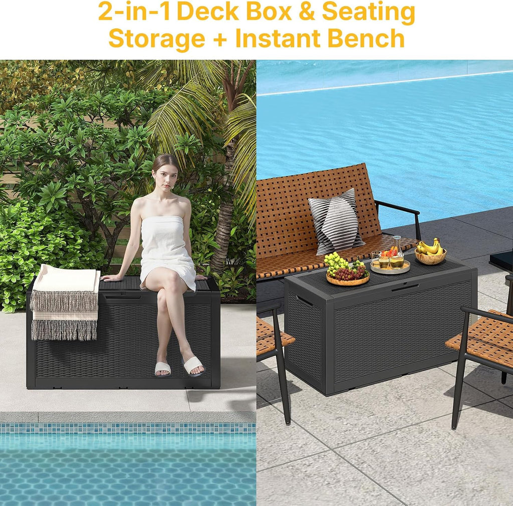 Skepphlay 100 Gallon Deck Box Outdoor Waterproof, Rattan Outdoor Storage Box, Patio Storage Boxes for Cushions, Pillow, Garden Tools, Equipment