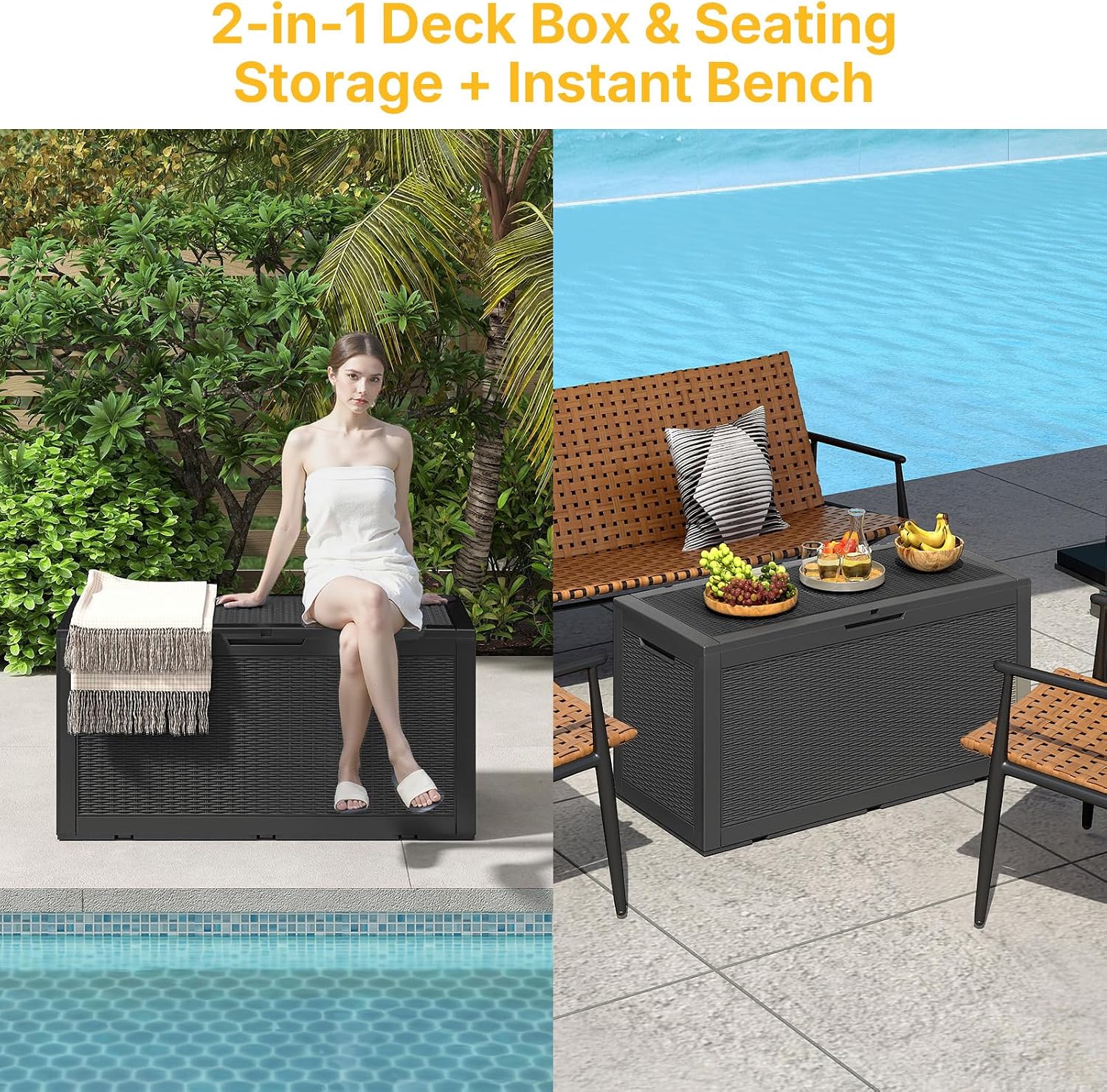 Skepphlay 100 Gallon Deck Box Outdoor Waterproof, Rattan Outdoor Storage Box, Patio Storage Boxes for Cushions, Pillow, Garden Tools, Equipment