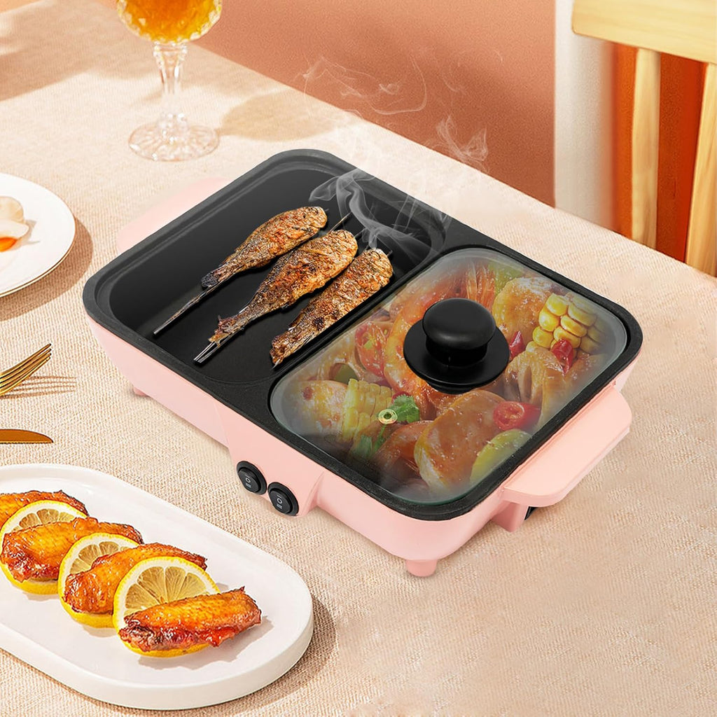 Hot Pot Electric Grill 2 in 1 Indoor Non-Stick Smokeless Grill with Dual Temperature Control, Portable Multifunctional for Korean BBQ, Serves 1-4 People
