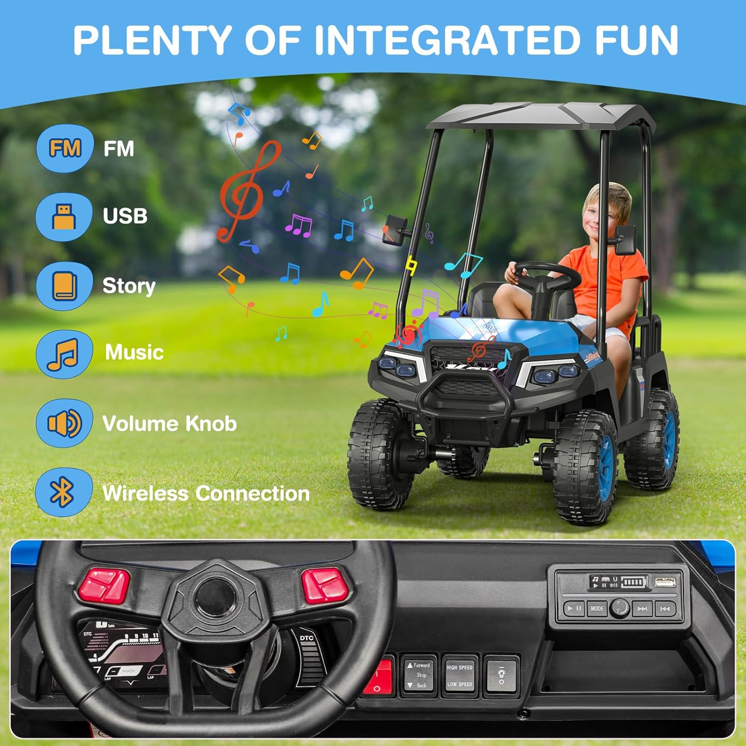 R9 24V Kids Golf Cart, 4 Seats, 4WD Kids Electric Car w/Remote Control, Spring Suspension, Multimedia Functions Including Music, Story, Wireless Connection, Horn, Power Display, Detachable Awning
