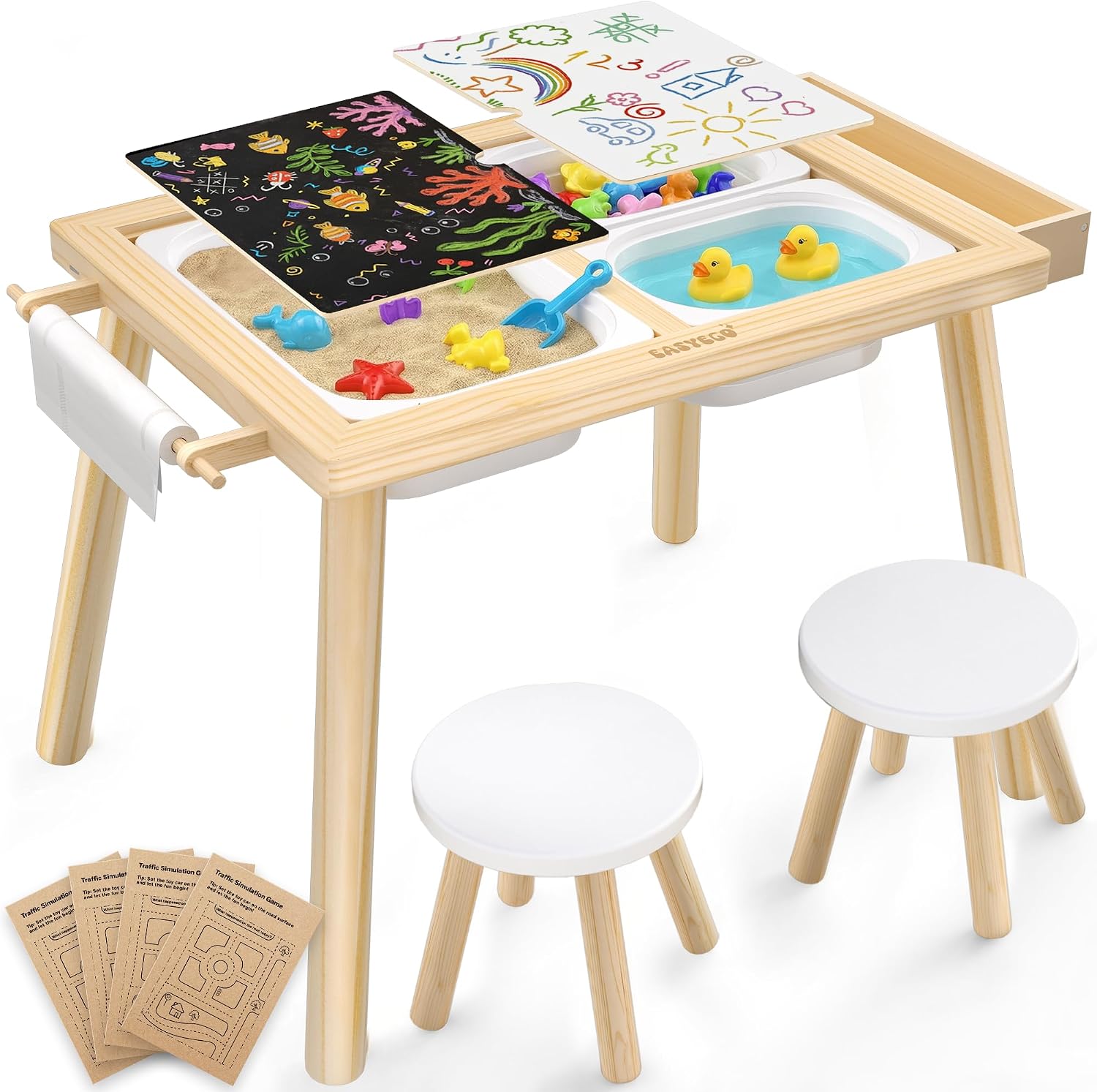 Easyego Sensory Table & Chair Set – Multifunctional Sand & Water Table with Double-Sided Lid, Paper Roll, Storage Box, Transparent & Game Board, and Foldable Bins for Kids' Indoor & Outdoor Play