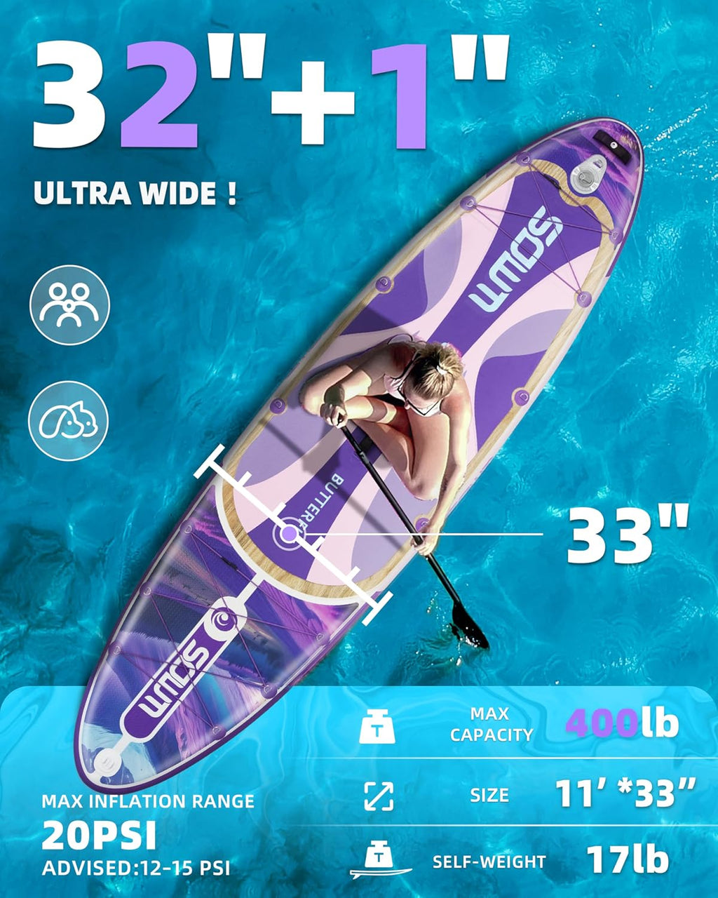 11'*33'/34' Inflatable Stand Up Paddle Board for Beginners,400/420lbs Capacity, Anti-Slip EVA Deck, Includes Adjustable Paddle, Pump, Backpack & SUP Accessories for Surfing, Fishing, Yoga & More
