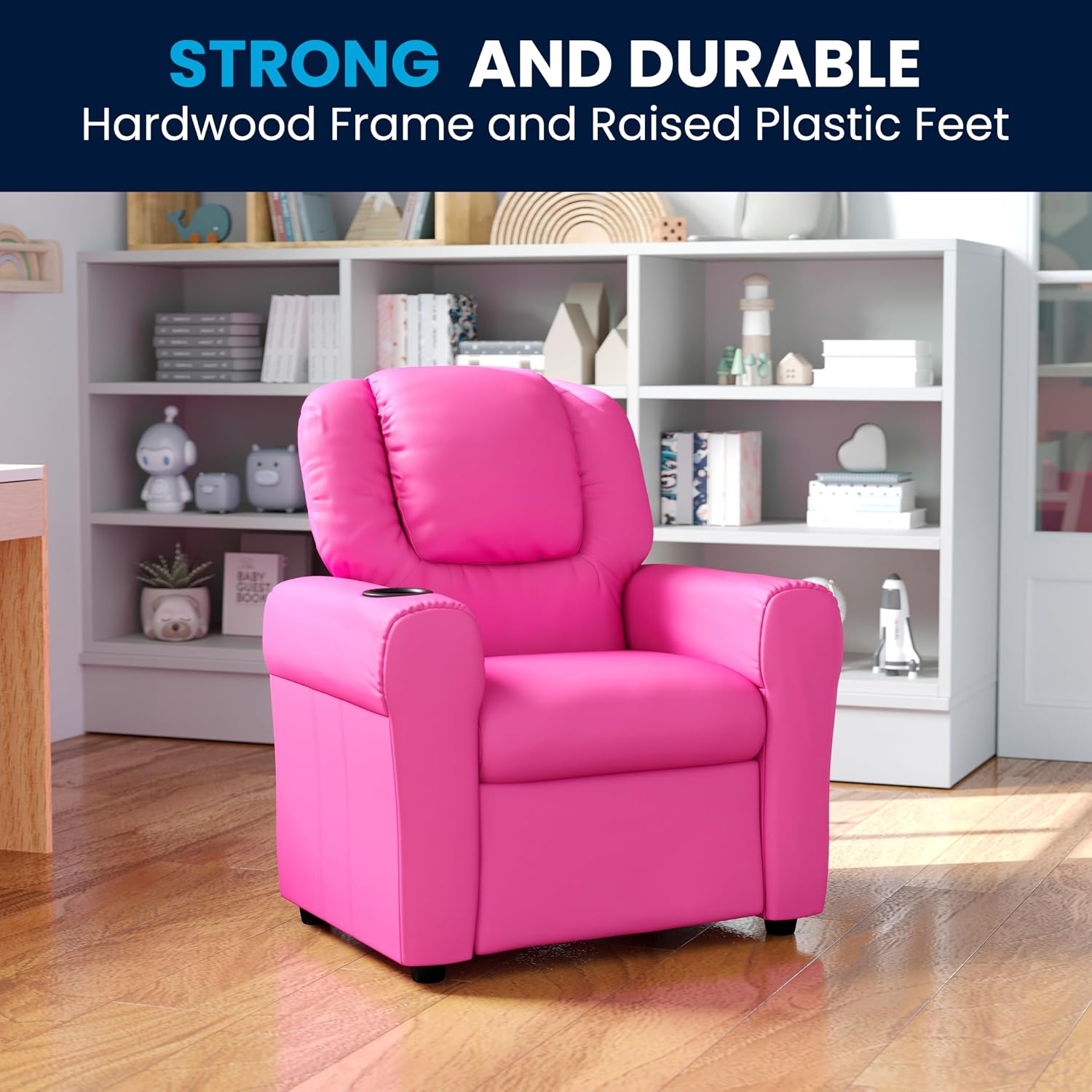 Flash Furniture Vana Vinyl Kids Recliner with Cup Holder, Headrest, and Safety Recline, Contemporary Reclining Chair for Kids, Supports up to 90 lbs., Hot Pink