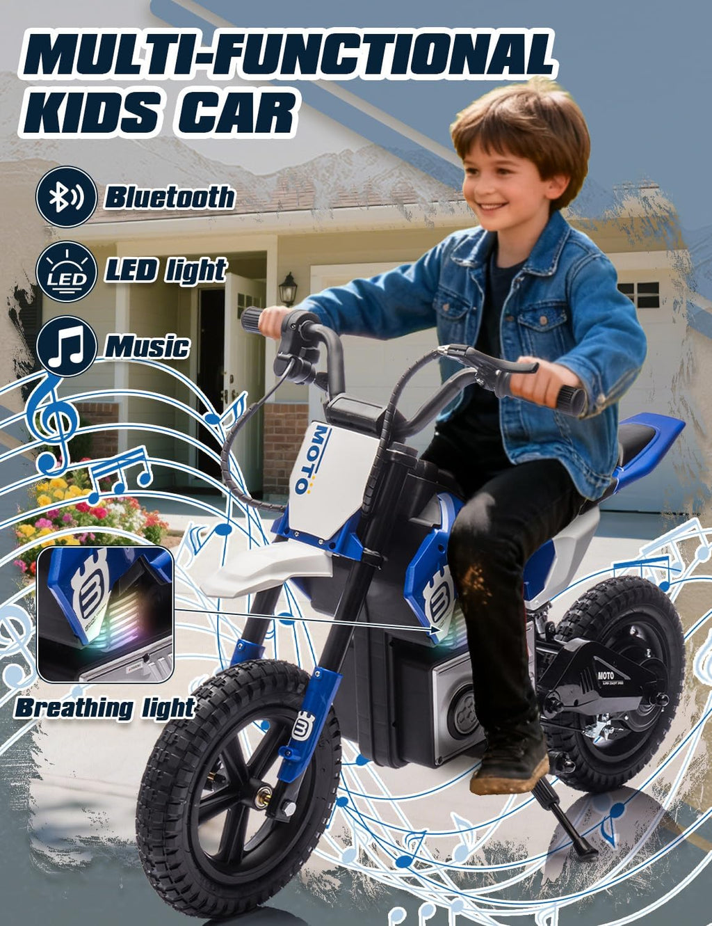 Electric Dirt Bike for Kids Ages 5-10, 24V 200W Higher Speed Electric Motorcycle, Kids Ride On Motorcycle with Rear Wheel Shock Absorber, LED Breathing Light, Bluetooth, Music, Horn, Blue