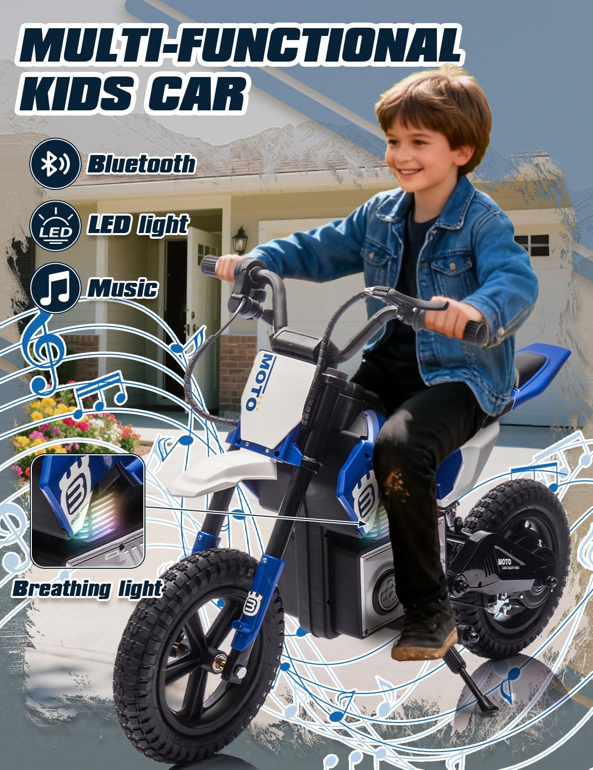 Electric Dirt Bike for Kids Ages 5-10, 24V 200W Higher Speed Electric Motorcycle, Kids Ride On Motorcycle with Rear Wheel Shock Absorber, LED Breathing Light, Bluetooth, Music, Horn, Blue