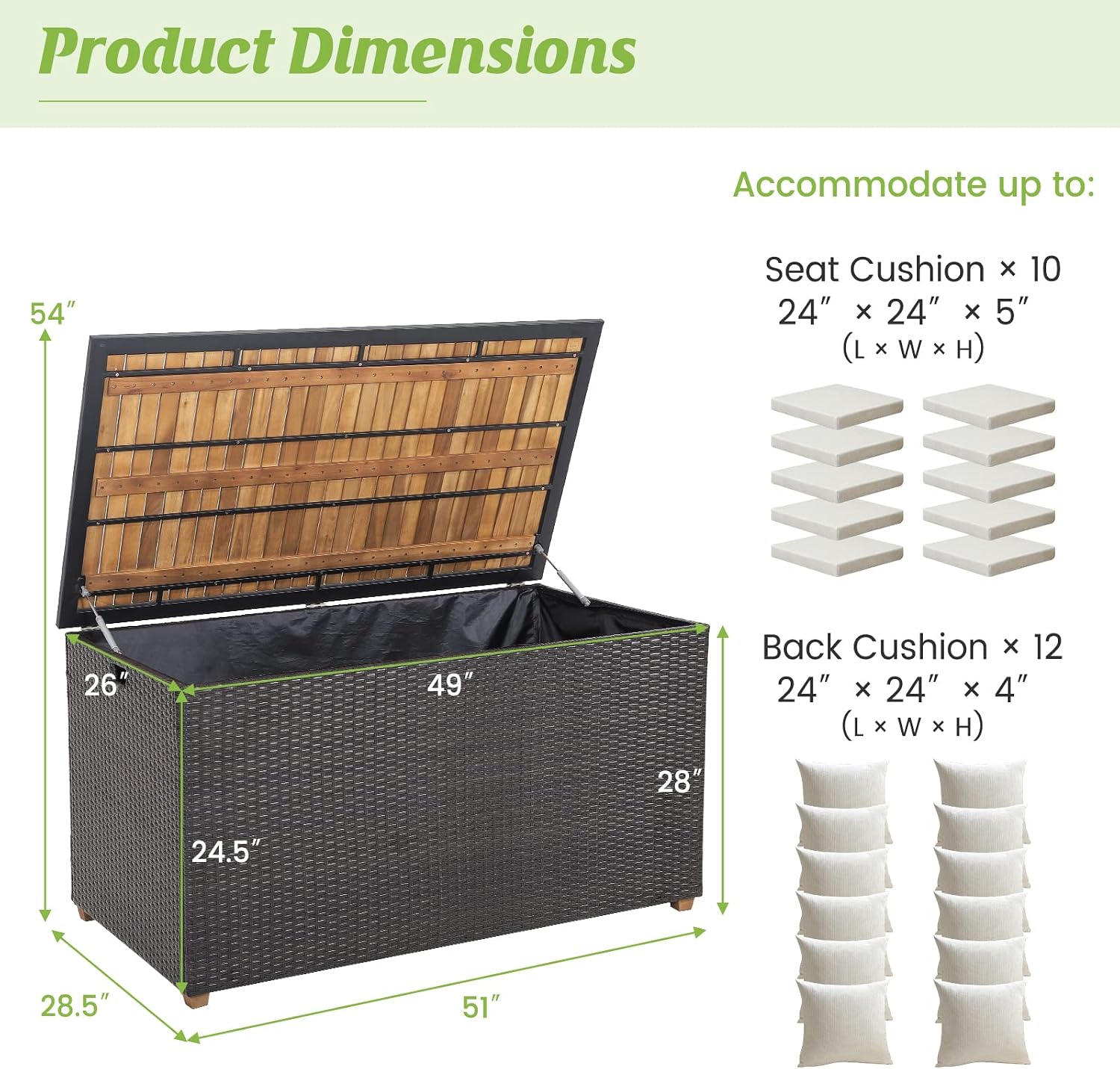 HAPPYGRILL 134 Gallon Rattan Deck Box, Patio Wicker Storage Box with Zippered Liner, Solid Acacia Wood Top & Feet, Effort-Saving Pneumatic Rod, Outdoor Storage Container for Porch Backyard