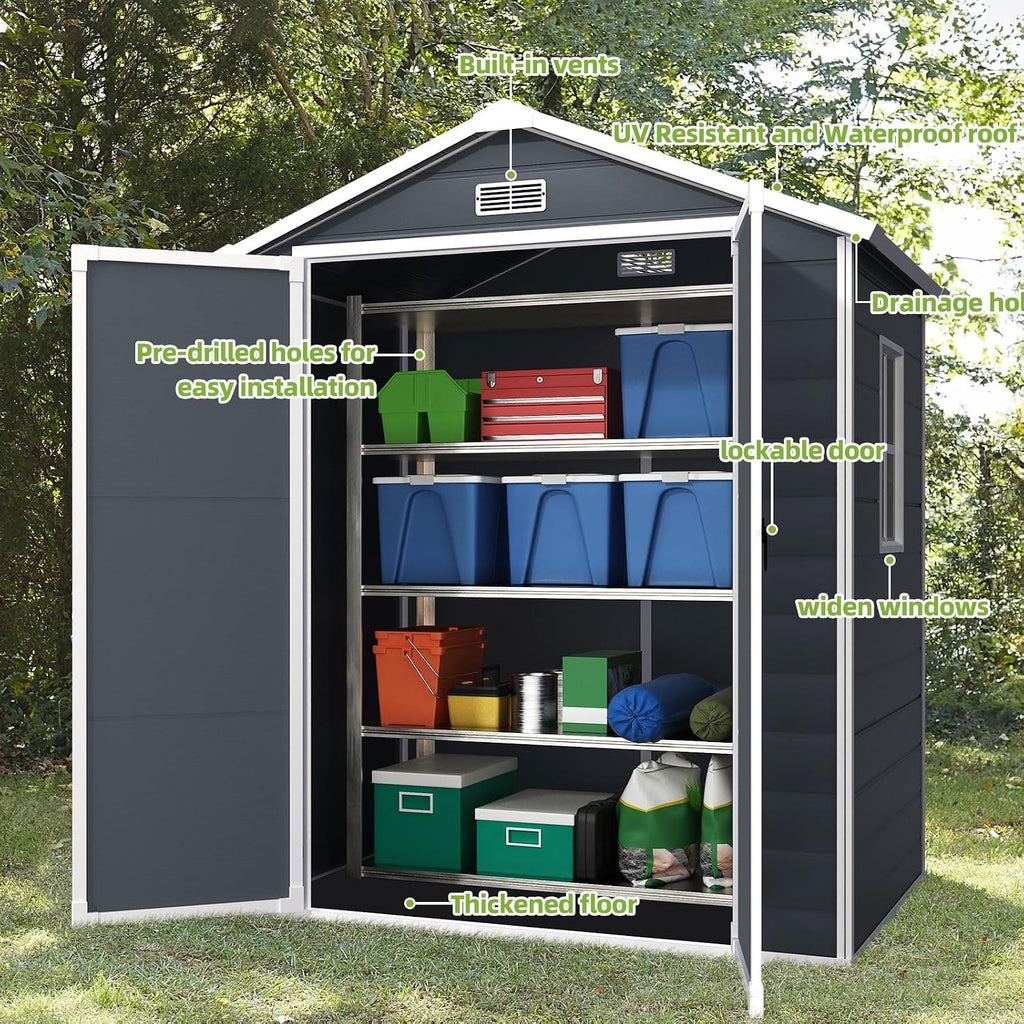 YOFE Outdoor Storage Shed 6x4.4FT, Resin Shed Plastic with Floor for Garden Tool,Waterproof Outdoor Resin Storage,Lockable Doors for Patio,Yard,Lawn (Darkgray 6x4)