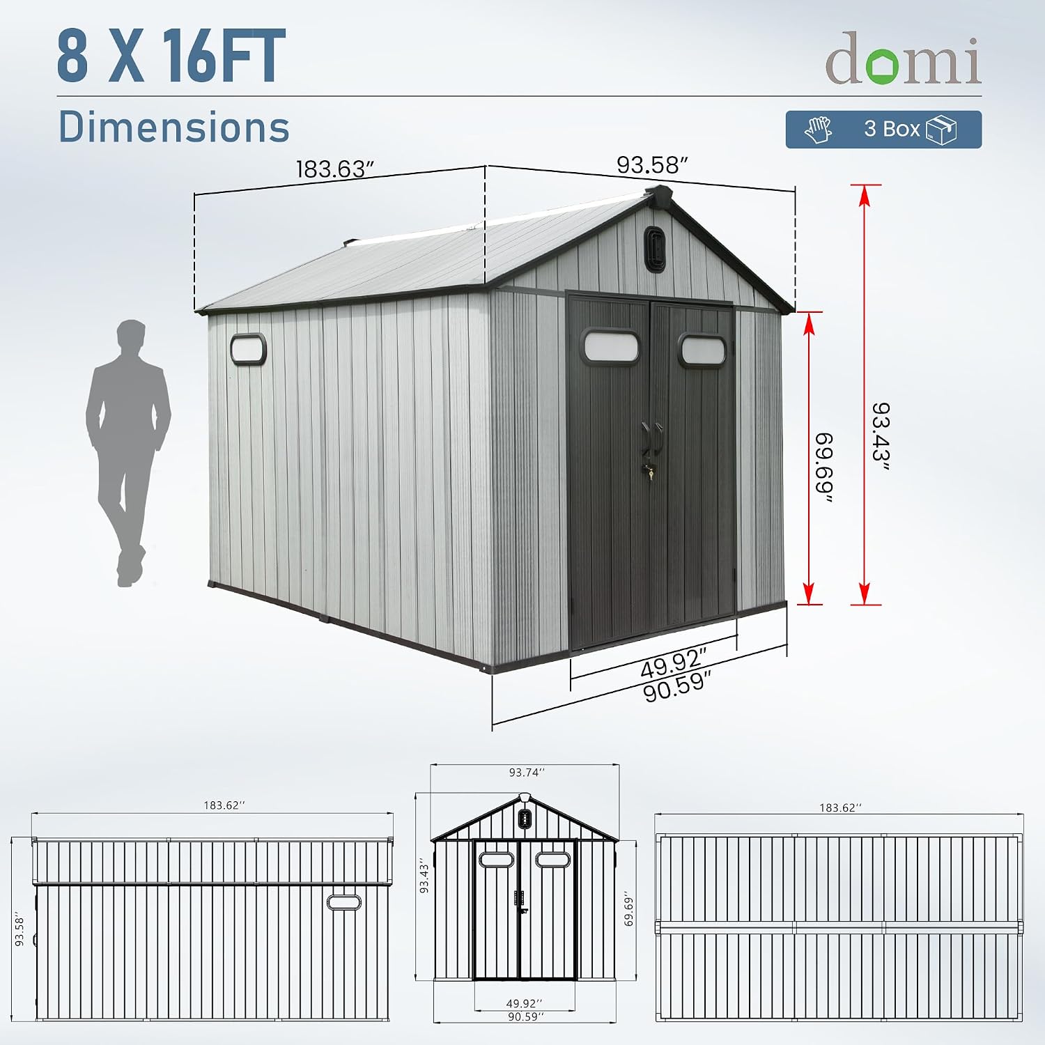 Domi 8x16 FT Outdoor Resin Storage Shed, All-Weather Double-Wall Storage Building with Lockable Doors and Ventilated Roof, Ideal for Lawn Tools, Bikes, Mowers, and Pool Equipment, Grey