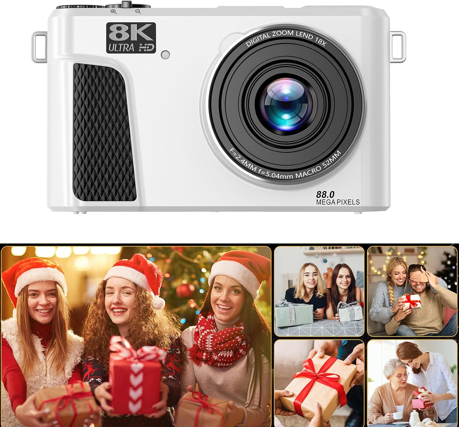 PUSOKEI 8K Digital Camera, Auto Focus 88MP Cameras for Photography, 18x Zoom WiFi Vlogging Camera, 3 inch Flip Screen, with Webcam Mode, Filter, Multiple Filters LED Fill Light (White)