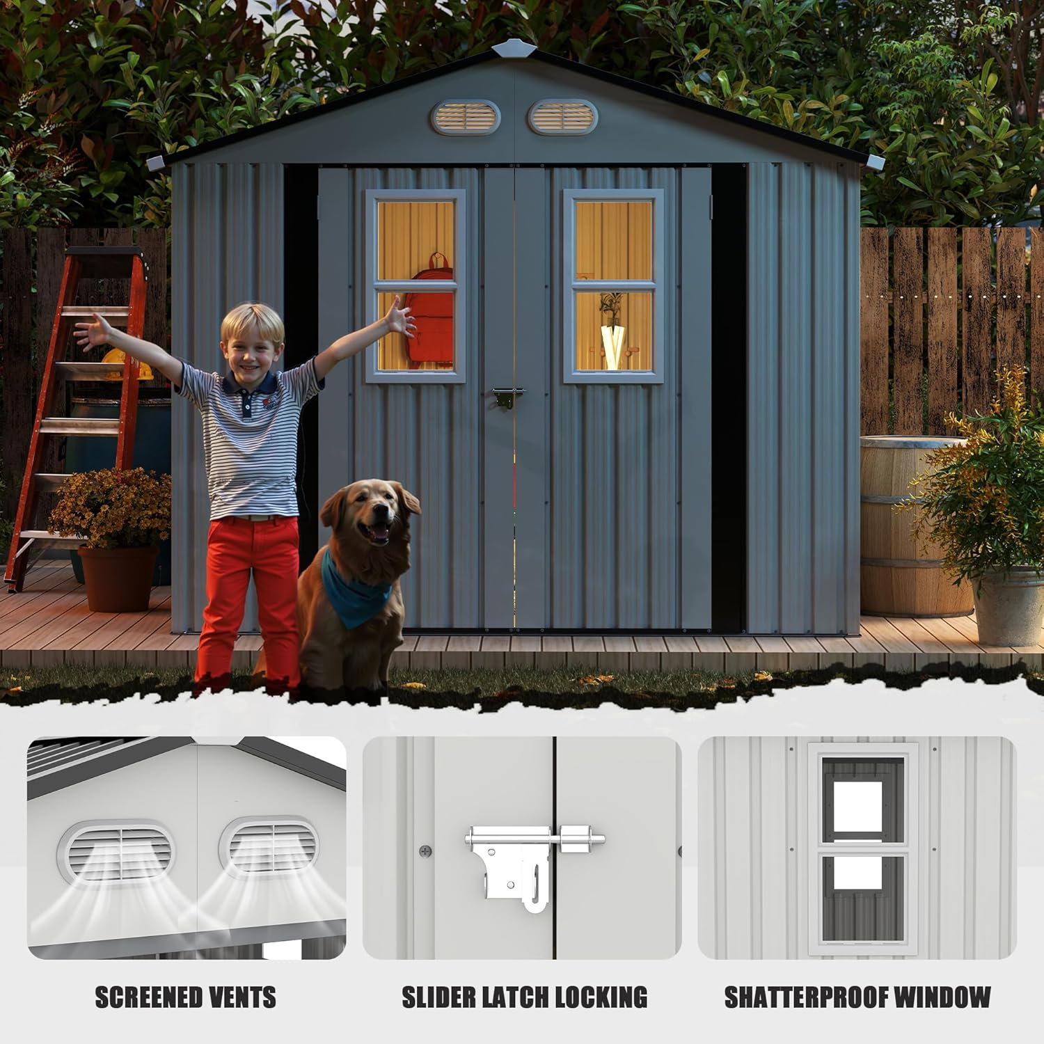 8x8 FT Outdoor Storage Shed:Heavy-Duty Metal Garden Sheds & Outdoor Storage Solution with 4 Daylight Windows,Lockable Doors,Waterproof&UV-Resistant,Shed for Backyard Tool Storage (White)