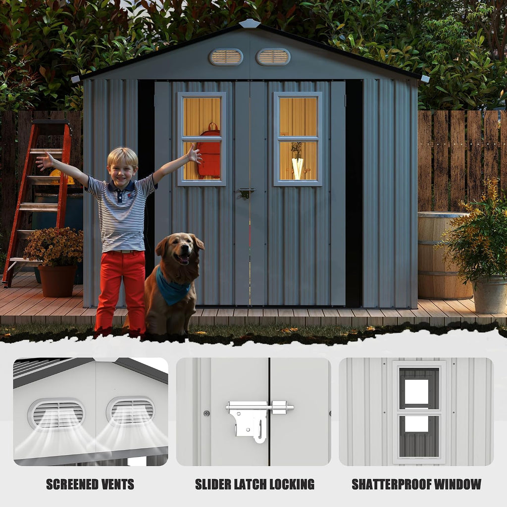 KEIKI 8x8 Outdoor Metal Storage Shed, Heavy-Duty Color Steel Construction with Protective Film, 4 Windows & Lockable Double Doors, Backyard Garden Utility Shed, White