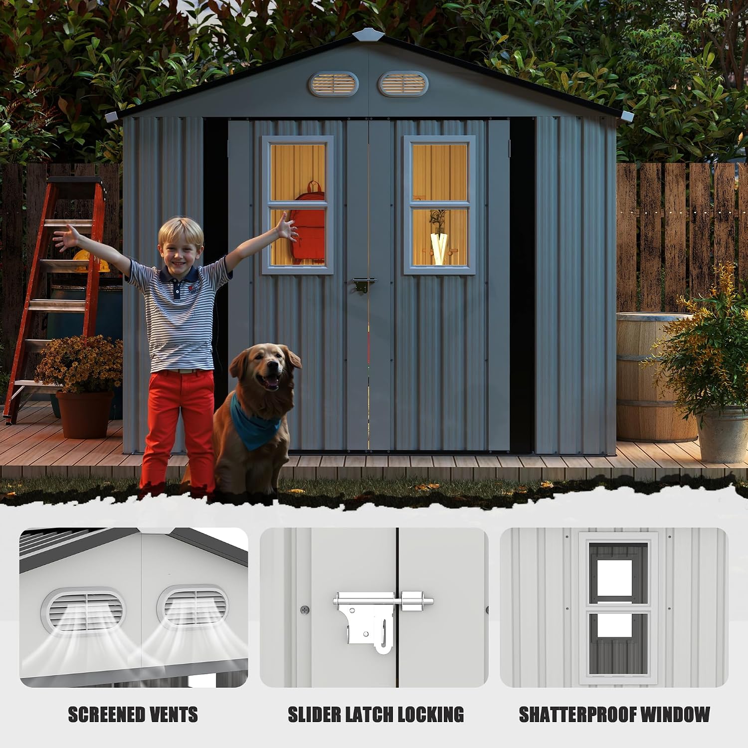 KEIKI 8x8 Outdoor Metal Storage Shed, Heavy-Duty Color Steel Construction with Protective Film, 4 Windows & Lockable Double Doors, Backyard Garden Utility Shed, White
