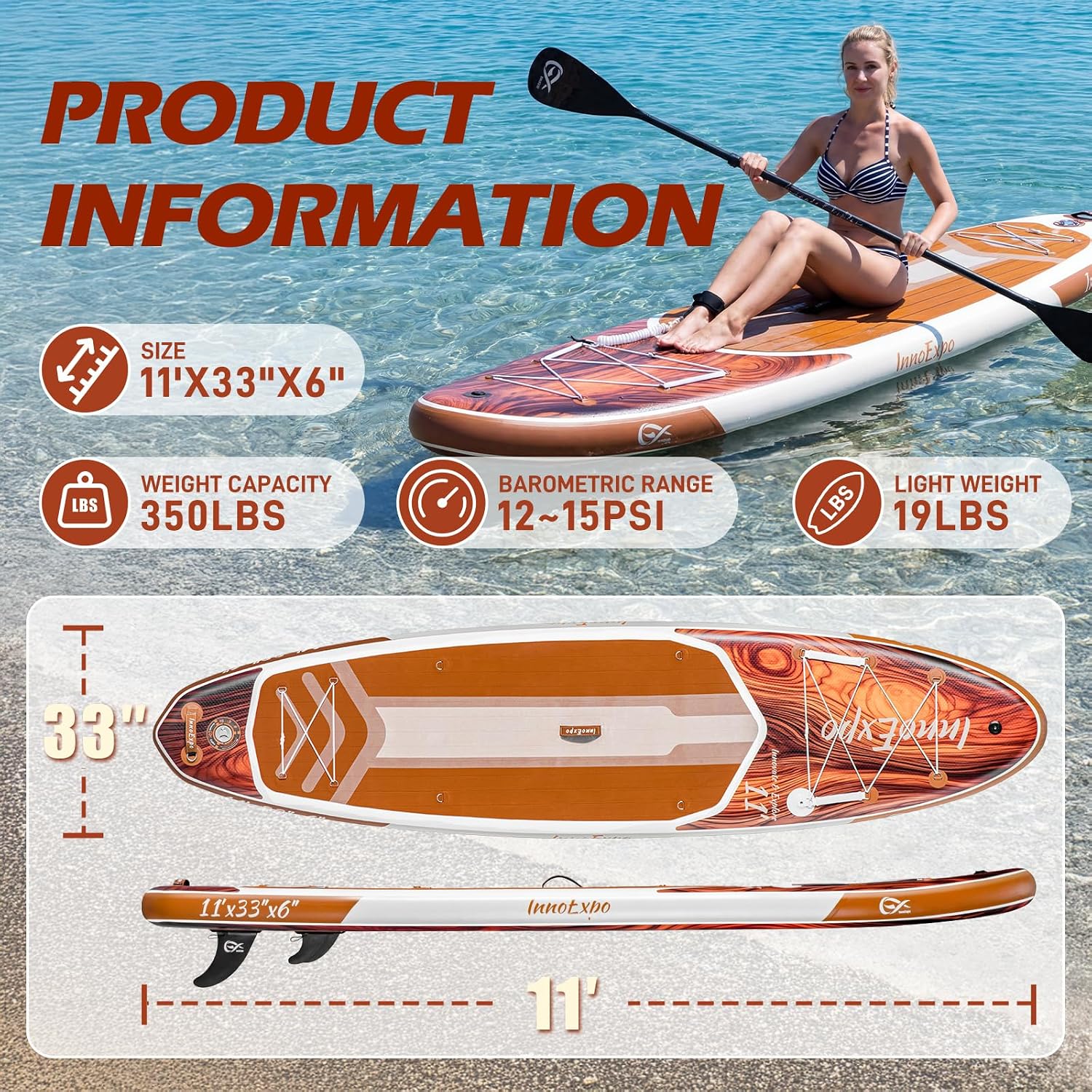 InnoExpo 11' Inflatable Stand Up Paddle Boards with Premium Accessories, Wide Stable SUP Paddle Board Design, Non-Slip Comfort Deck for Youth & Adults