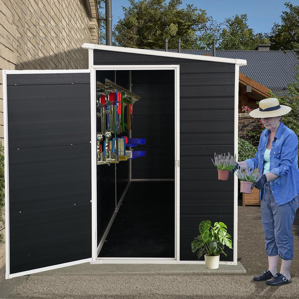 Outdoor Storage Shed with Floor Included, 4x8FT Plastic Storage Shed with Floor with 2 Windows and Lockable Door, Backyard Storage Sheds for Garden Tools, Bike