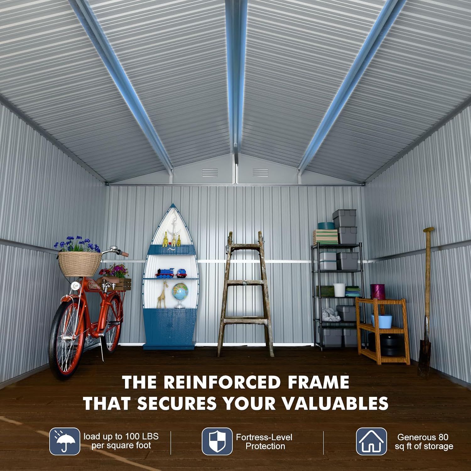 Metal Shed 8x10 FT, Military-Grade Reinforced Frame with Powder Coating, Steel Sheds with Sliding Door and Air Vents for Garden, Backyard, and Patio