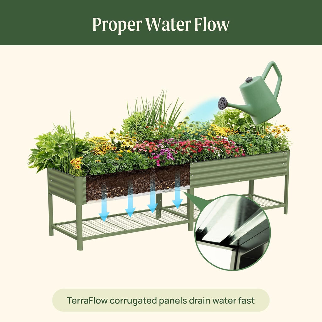 Rolling Elevated Raised Garden Bed - Jumbo Series, 2.5' x 10' Outdoor Planters Boxes with Legs & Storage Rack for Patio, 2000+ Lbs Weight Capacity, Raised Beds for Gardening Herbs Flowers, Olive Green
