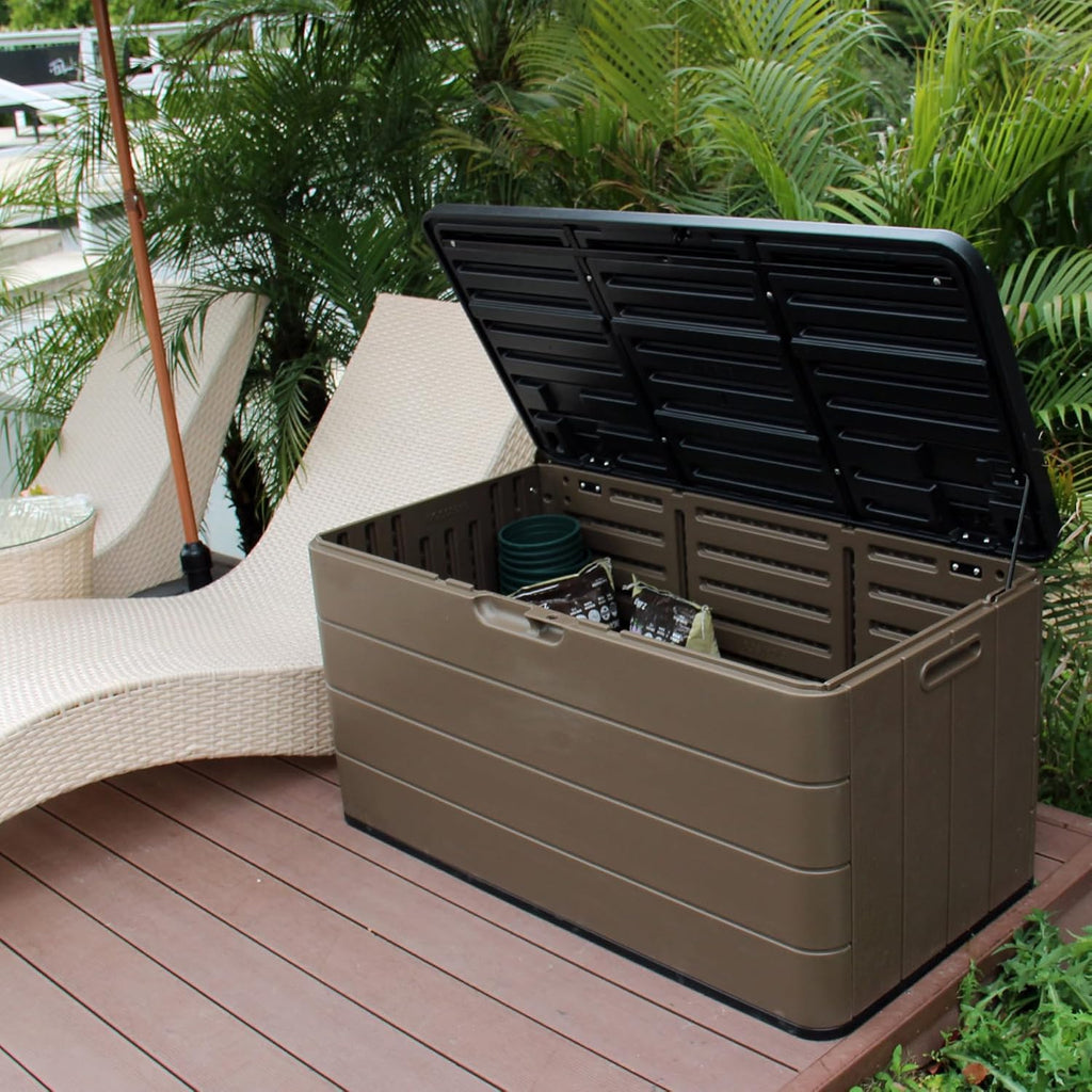 Mrosaa Resin Deck Storage Box, 85 Gallon Outdoor Storage Box Waterproof for Garden Storage,Patio and Backyard, Lockable Brown Color