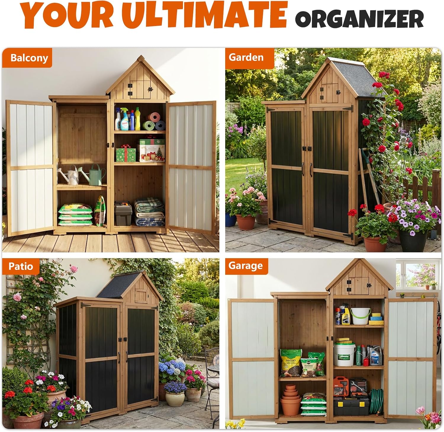 All-in-One Metal & Wood Outdoor Storage Cabinet with Top Compartment, Waterproof Asphalt Roof, Removable Shelves, Heavy-Duty Patio Garage Organizer