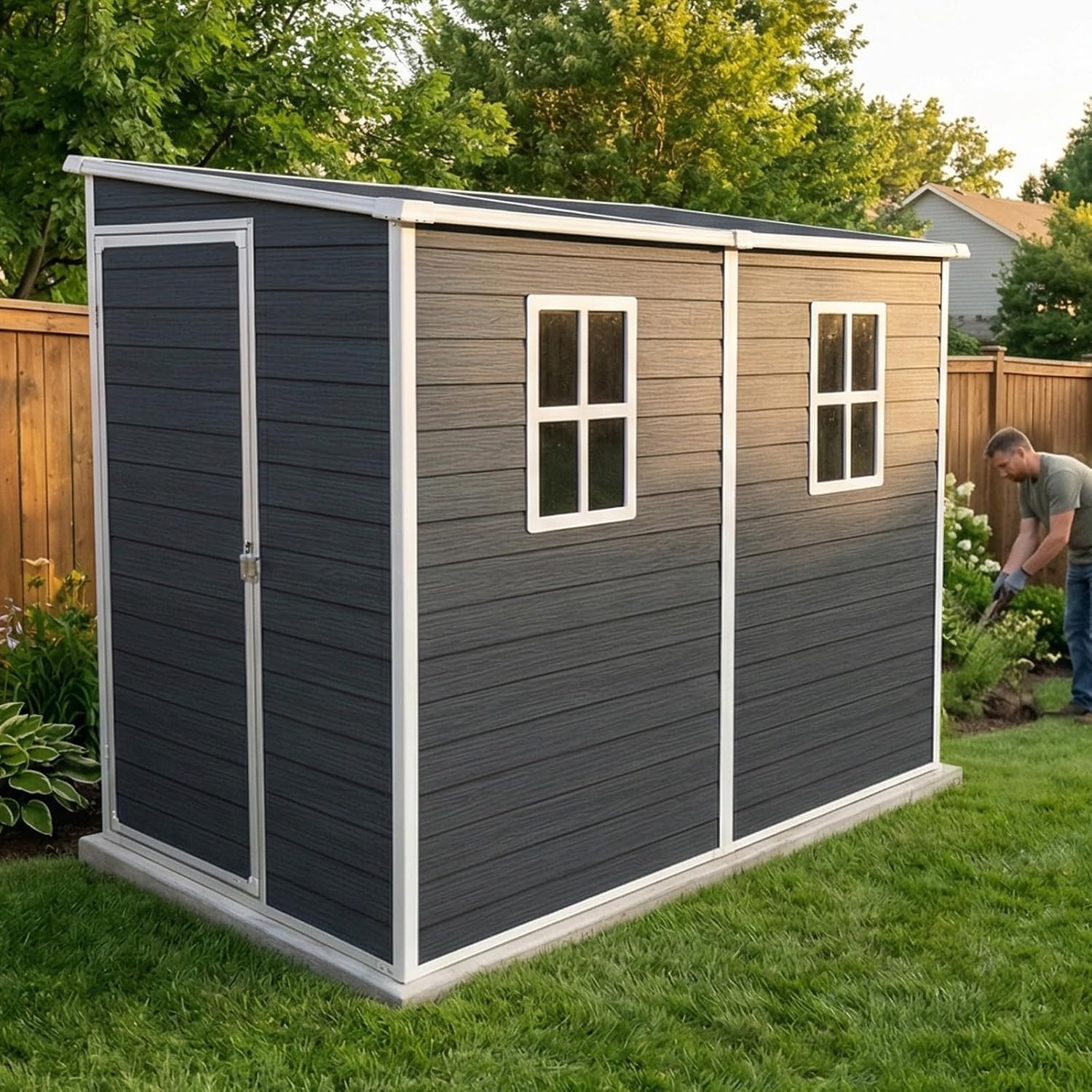 Outdoor Storage Shed with Floor Included, 4x8FT Plastic Storage Shed with Floor with 2 Windows and Lockable Door, Backyard Storage Sheds for Garden Tools, Bike