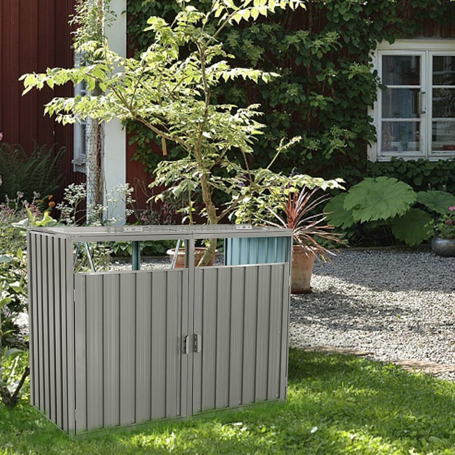 KEIKI 63' Garbage Bin Shed Stores 2 Metal Trash Cans,Outdoor Storage Lockable for Garden Yard Lawn Patio