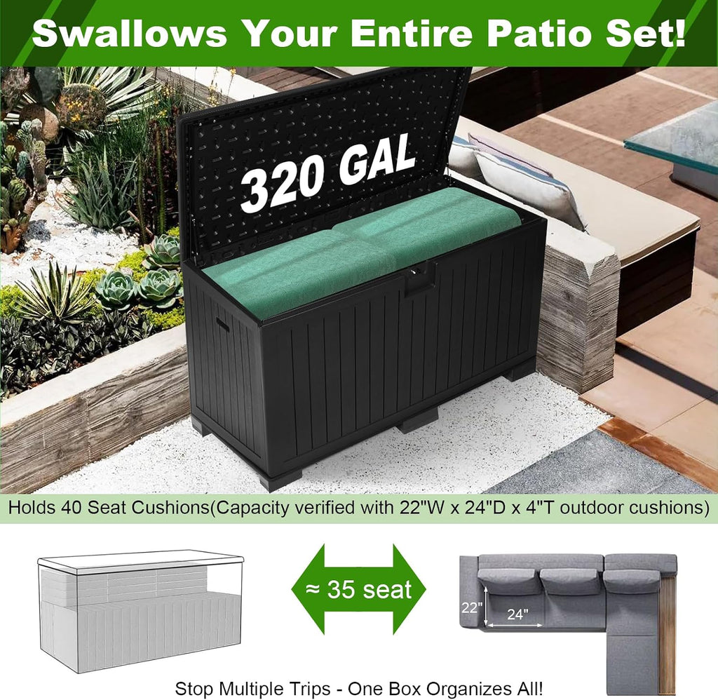 320 Gallon Deck Box with 6 Waterproof Foot Pads, Resin Storage Box Weatherproof, Plastic Cushion Container with Lock and Lids for Pool Equipment, Black