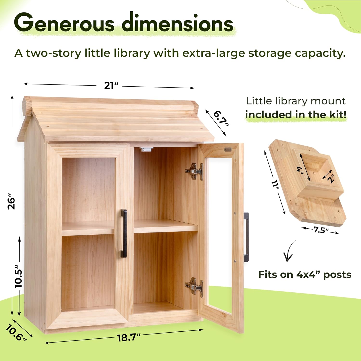 Little Library Box Outdoor Kit with Mount, 2-Tier Book Exchange Box (21×11×26 in), Waterproof Pine Little Free Library Kit with 2 Acrylic Doors, Outdoor Book Storage for Yards, Schools, Parks