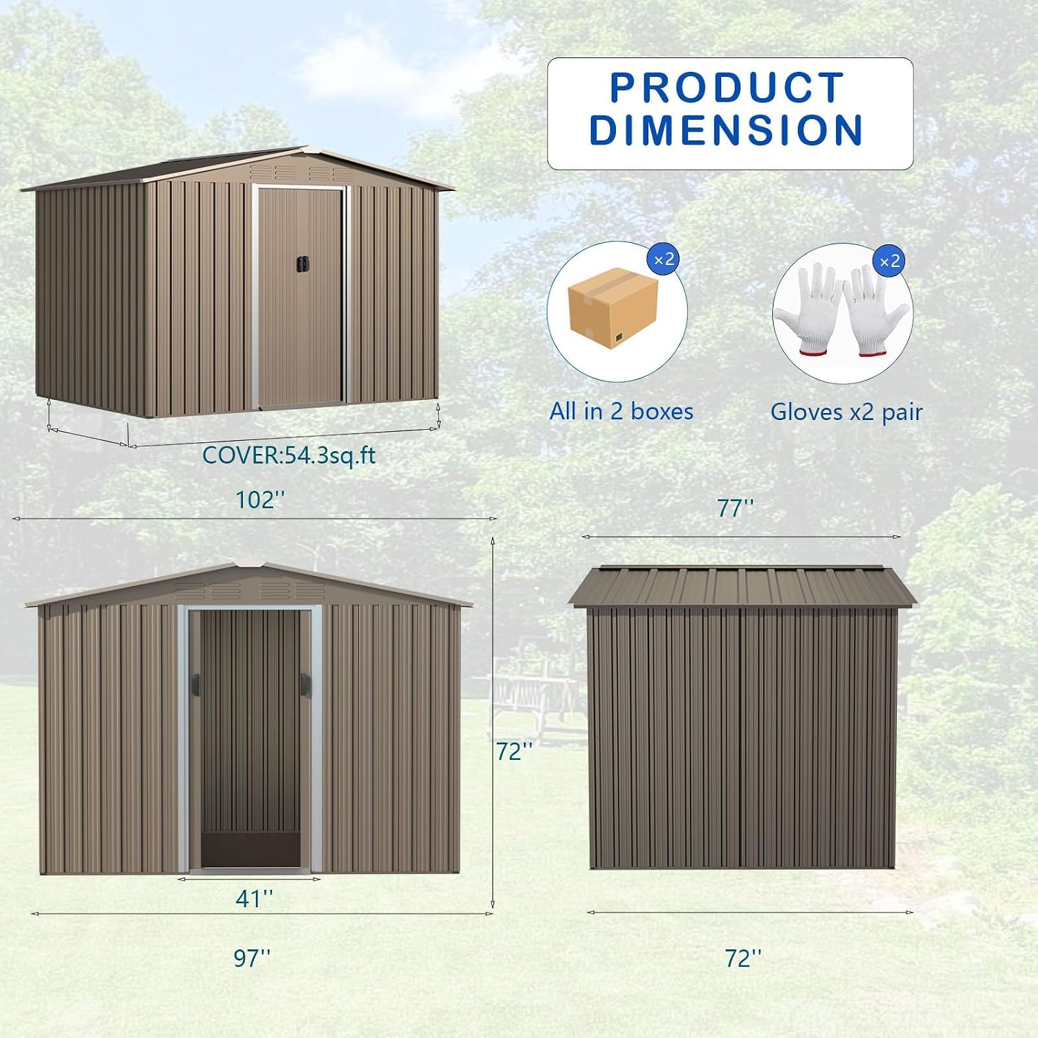 ALAULM 8'x6' Outdoor Storage Shed Outdoor Galvanized Metal Tool Shed with Vents & Sliding Door, Waterproof Garden Shed for Patio,Lawn,Backyard to Store Bikes,Tools-Brown