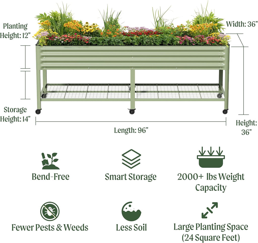 Rolling Elevated Raised Garden Bed - Jumbo Series, 3' x 8' Outdoor Planters Boxes with Legs & Storage Rack for Patio, 2000+ Lbs Weight Capacity, Raised Beds for Gardening Herbs Flowers, Modern Gray