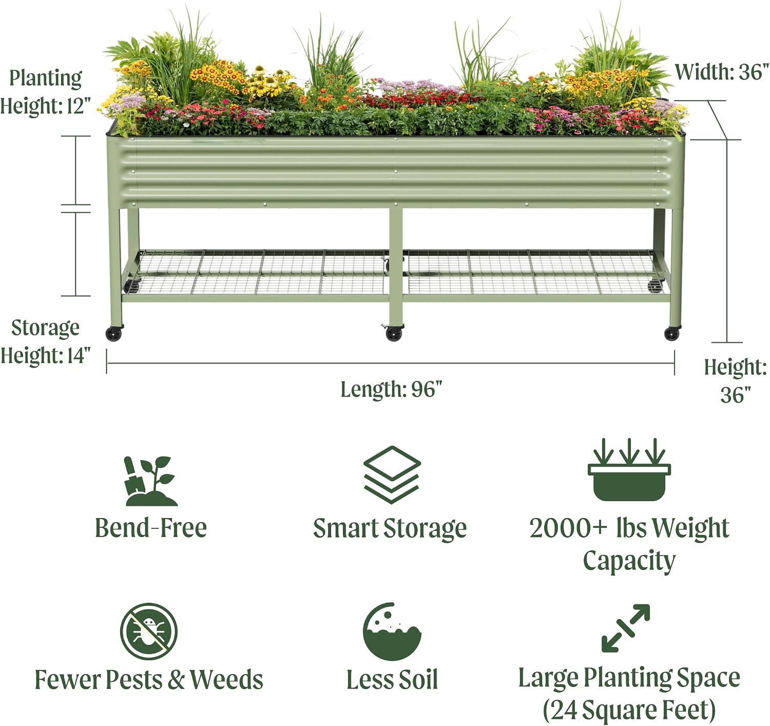 Rolling Elevated Raised Garden Bed - Jumbo Series, 3' x 8' Outdoor Planters Boxes with Legs & Storage Rack for Patio, 2000+ Lbs Weight Capacity, Raised Beds for Gardening Herbs Flowers, Modern Gray