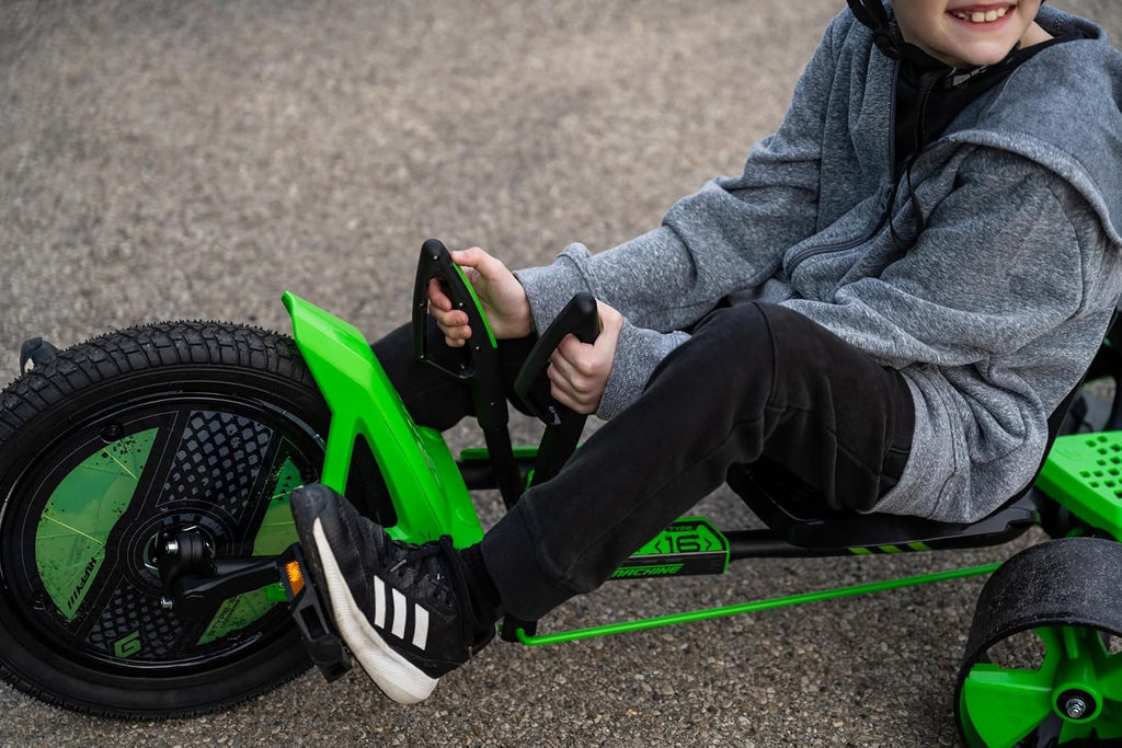 Huffy Green Machine 16 Inch Drift Trike, Sleek Ergonomic Design, Adjustable Seat, Durable Steel Frame, Easy to Operate, Drift Trike for Kids Ages 5-8, Max Weight 80lbs, Coaster Brake, Green and Black