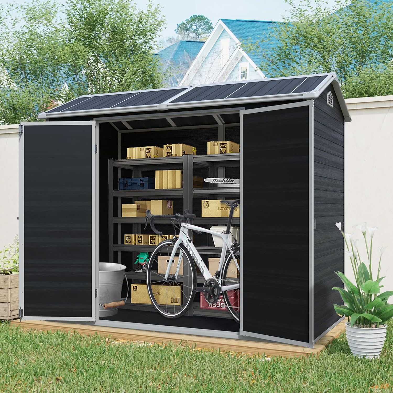 8 x 4 FT Outdoor Storage Shed, Outdoor Resin Shed with Two-Window and Double-Door, Plastic with Floor for Gargen, Patio, Yard, Lawn (Black)