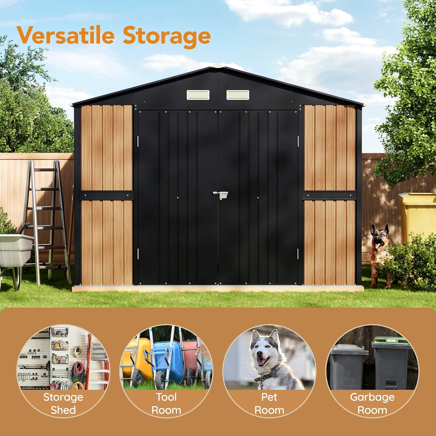 Panovue 10X12 FT Outdoor Steel Storage Shed with Lockable Doors, 2 Windows, Garden Shed Ideal for Backyard, Patio Storage,Chicken Coop(Wood Panels & Frame Floor Not Included)