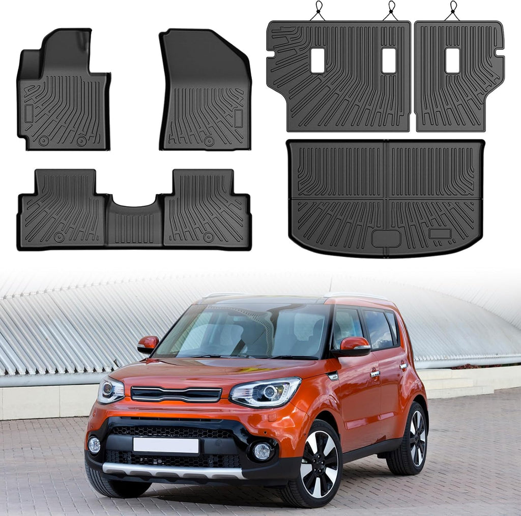Mixsuper Floor Mat & Cargo Liner for Kia Soul 2014-2019(Not for Hybrid),All Weather TPE Floor Liners with Trunk Mat & Backrest Protectors,Soul Accessories,Anti-Slip Floor Liners Set, Black