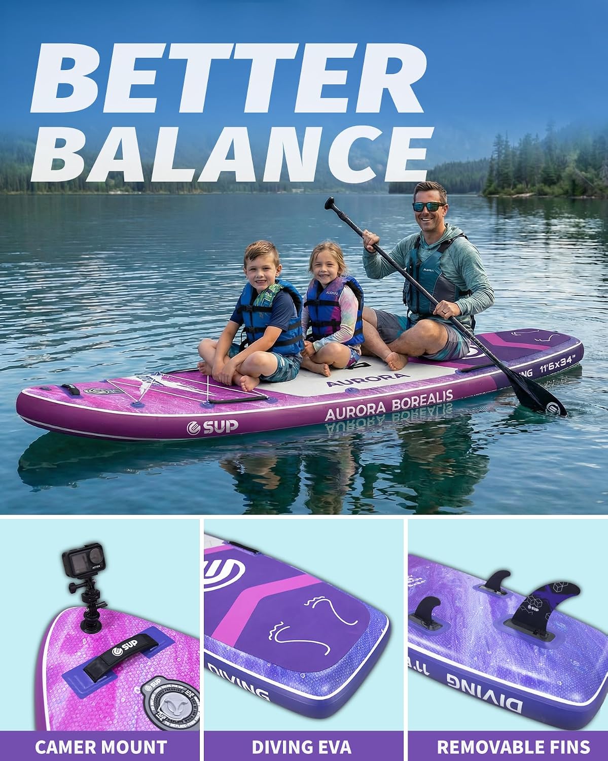 ESUP 11'6 ×34/35' Super Wide Inflatable Paddle Board with SUP Accessories, Extra Stable Stand Up Paddleboards for 2+1 Persons/Family/Beginner/Yoga, w/Shoulder Strap All-Round Sup Board