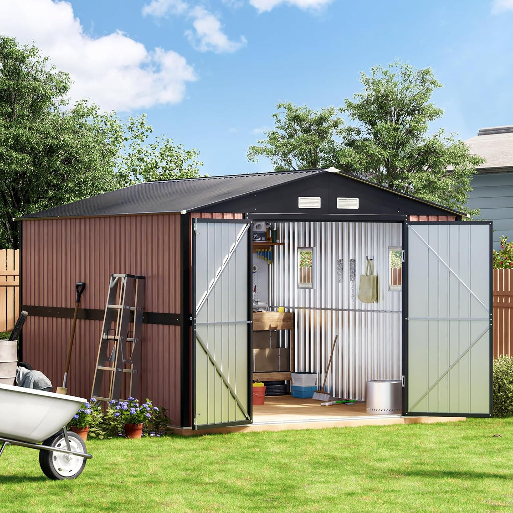 Panovue 10X12 FT Outdoor Metal Storage Shed with Lockable Doors & 2 Windows, Storage Shed Large with Metal Frame Floor for Patio Storage, Garbage Can, Chicken Coop(Wood Panels Not Included)