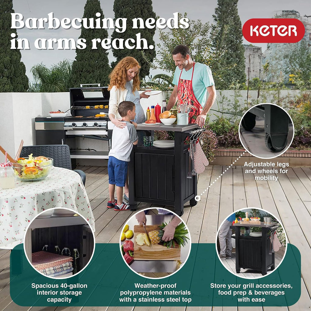 Keter Unity Portable Outdoor Table and Storage Cabinet with Hooks for Grill Accessories-Stainless Steel Top for Patio Kitchen Island or Bar Cart