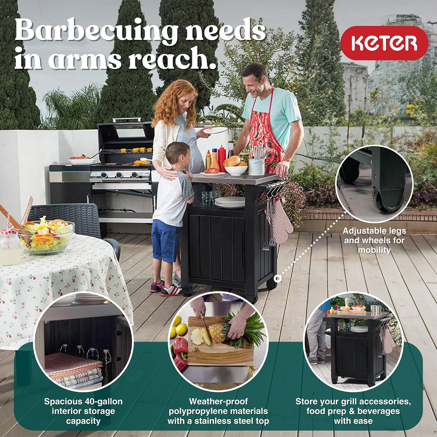 Keter Unity Portable Outdoor Table and Storage Cabinet with Hooks for Grill Accessories-Stainless Steel Top for Patio Kitchen Island or Bar Cart