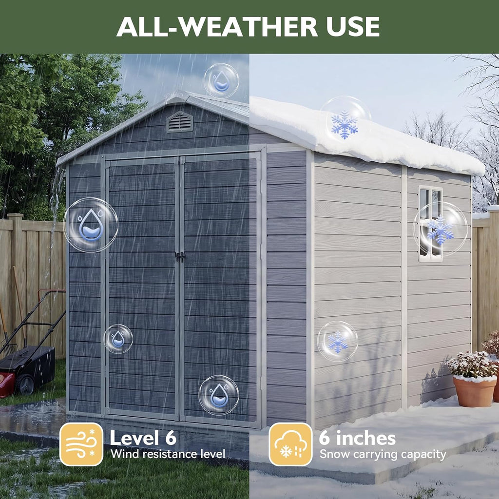 Aoxun 6×8 FT Outdoor Storage Shed, Resin Shed with Reinforced Floor, All-Weather Plastic Tool Storage with Lockable Door, Window & Vents for Garden, Patio, Bike & Garbage Can, Light Gray