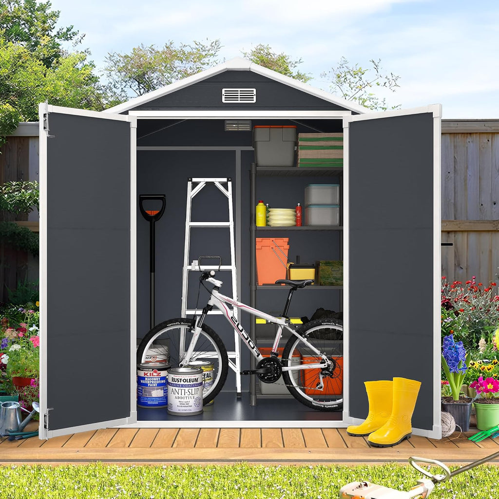 HUGROVE 6×4ft Outdoor Storage Shed with Floor, Waterproof & UV-Resistant Resin Garden Shed for Backyard with Lockable Double Doors, Air Vents & Side Window (Dark Gray)