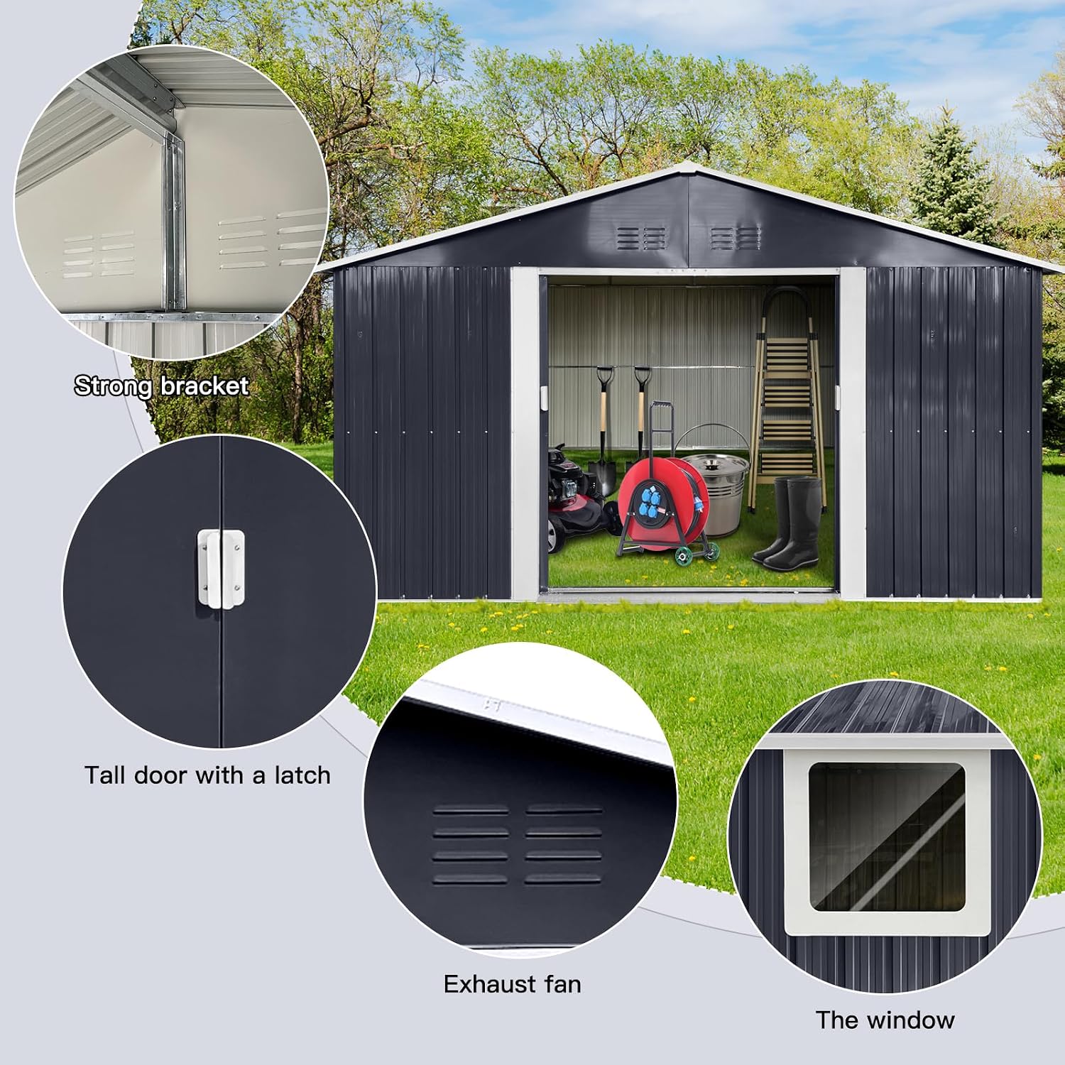 YOPTO 11.2x10.6 FT Outdoor Storage Shed Galvanized Metal Tool Shed with Window and Sliding Door,Waterproof Garden House w/Punched Vents & Locks,for Patio,Lawn,Backyard,Grey