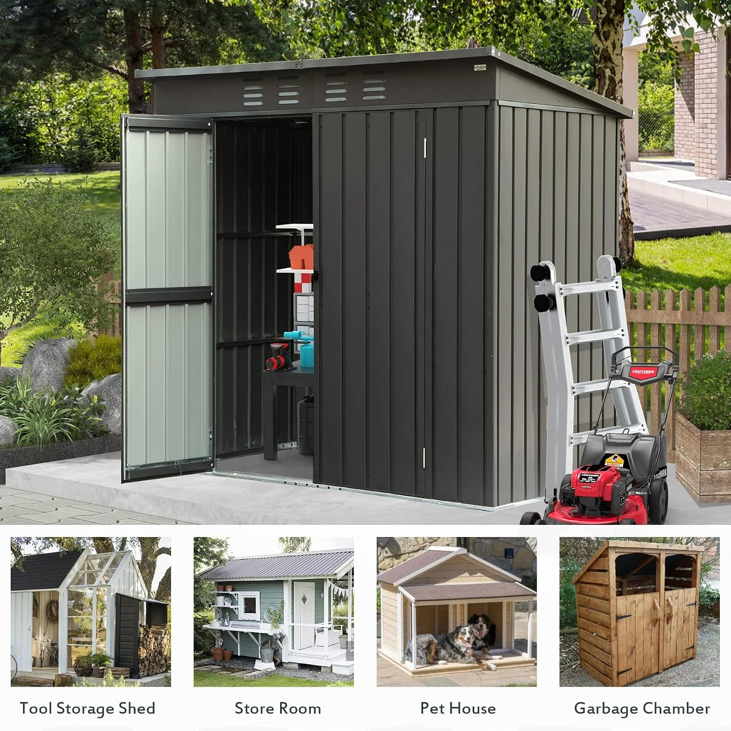 Domi Outdoor Storage Shed 5' x 3', Metal Garden Shed with Galvanized Steel Frame for Bike, Tools, Lawn Mowers, Pool Toys, Outdoor Storage Cabinet with Lockable Door for Garden Lawn Patio (Dark Grey)