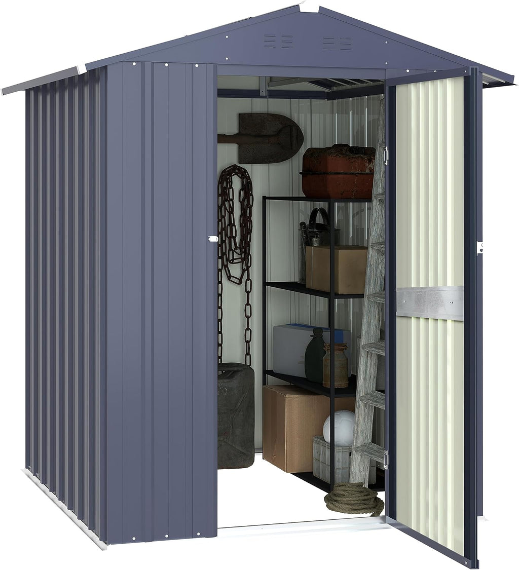 MUPATER 4 x 6 FT Outdoor Storage Shed, Galvanized Metal Garden Tool Shed, Patio Furniture Storage House with Slooping Roof, Lockable Door and Vents for Backyard and Garden, Grey
