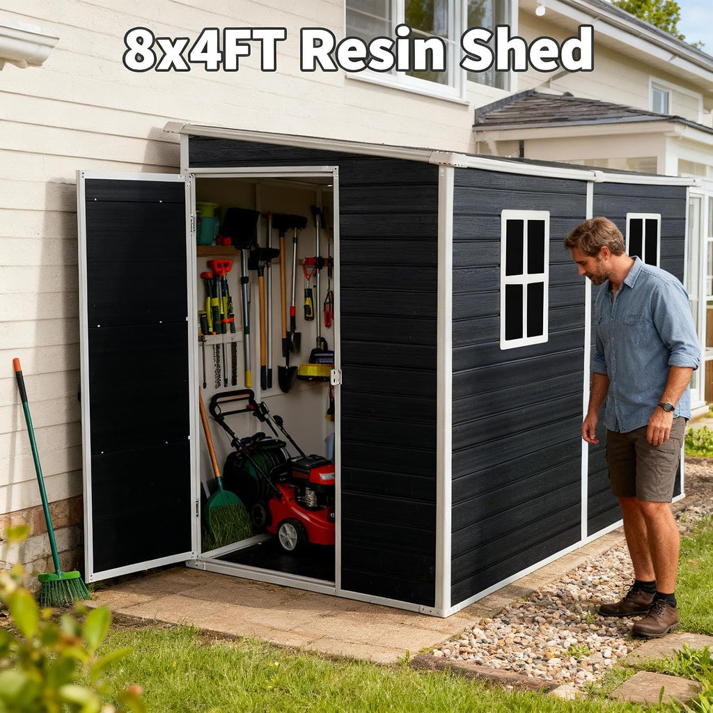 8x4ft Lean to Shed, Resin Outdoor Storage Shed with Floor and 2 Windows, Plastic Sheds & Outdoor Storage Clearance for Patio Furniture, Garden Tools Bike Accessories, Beach Chairs