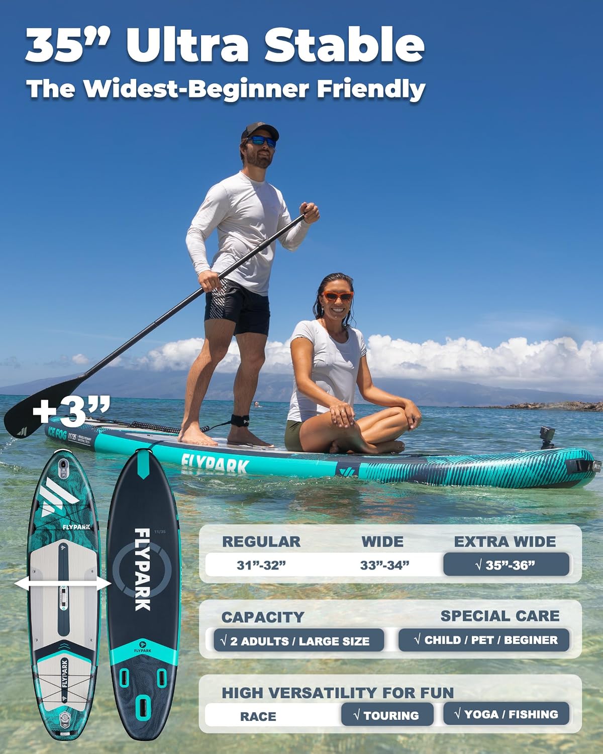 Flypark 10'8/11'x35'' Fishing&Family Stable Inflatable Paddle Boards, Extra Wide SUP Paddleboard Inflatable, 430lb/3 People, Stand Up Paddle Board for Adults, Camera Mount, Shoulder Strap, Rod Holder