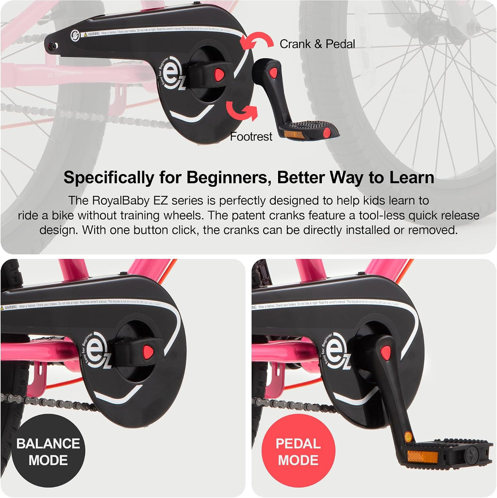 RoyalBaby EZ Kids Bike 12 14 16 18 20 Inch Balance Pedal 2-in-1 Training Bicycle Boys Girls Ages 3 to 12 Years Easy Learn for Beginners