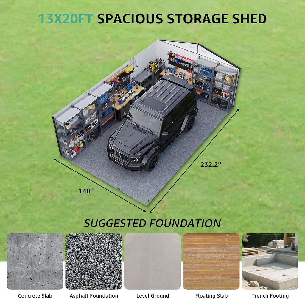 KUIKUI Sheds & Outdoor Storage 13x20ft Upgrade, Heavy Duty Outdoor Storage Shed with 2 Windows and 2 Translucent Roof for Car and Tools