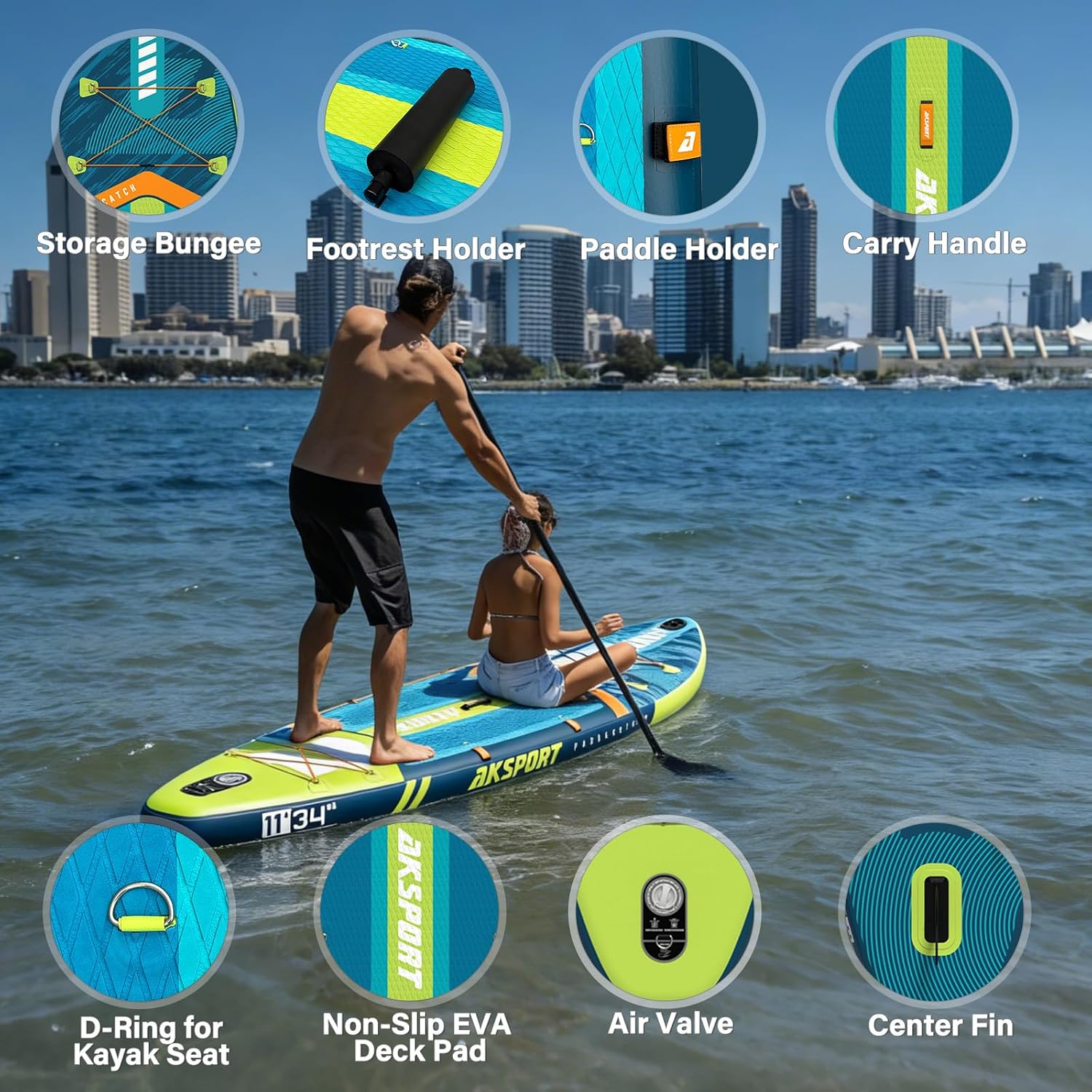 AKSPORT 11' Inflatable Stand-Up Paddle Board with Upgraded SUP Accessories Kit | Extra Wide 34' Design | Non-Slip Deck | Premium SUP Board for Adults & Youth of All Levels